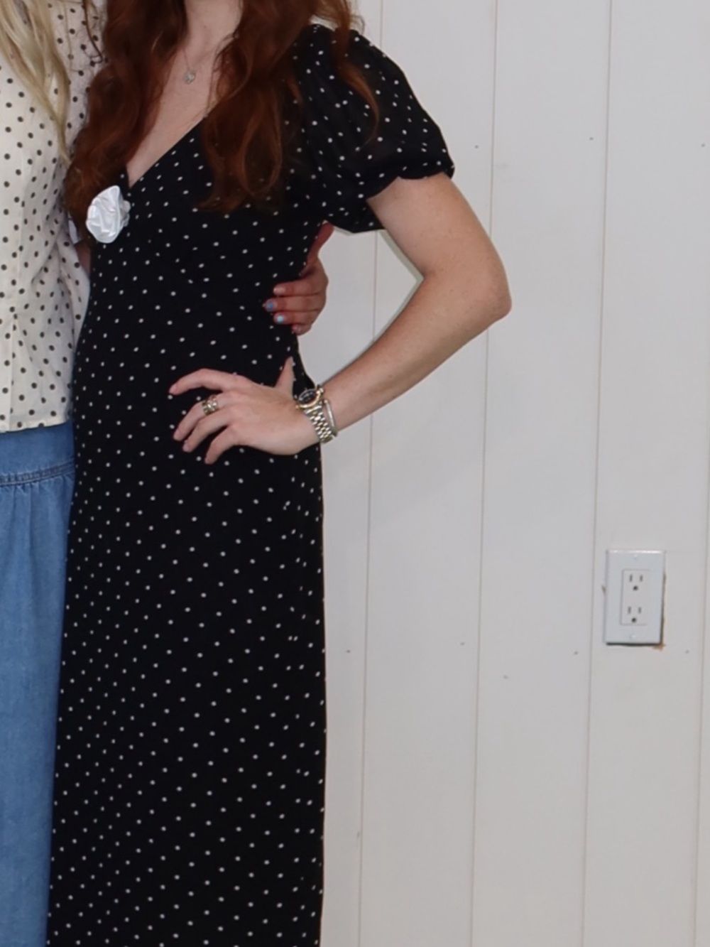 Wayf Black Midi Dress with White Polka Dots and Flower Accent